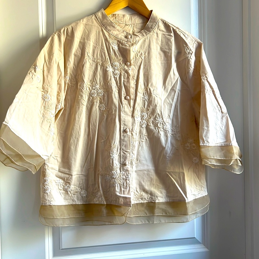 NWOT. XL Embroidered cream, 3/4 inch sleeves blouse. Never worn.